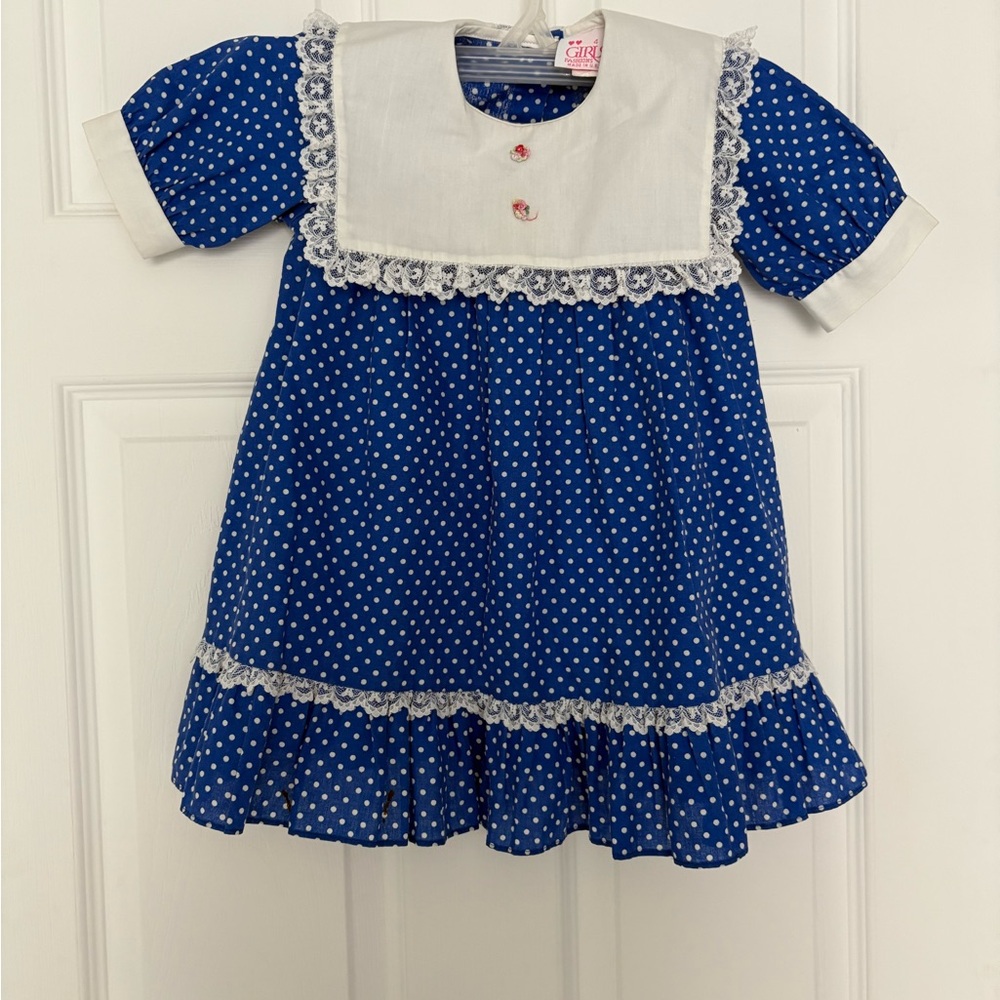 Vintage Girl’s Blue Polka Dot Dress with Lace Trim